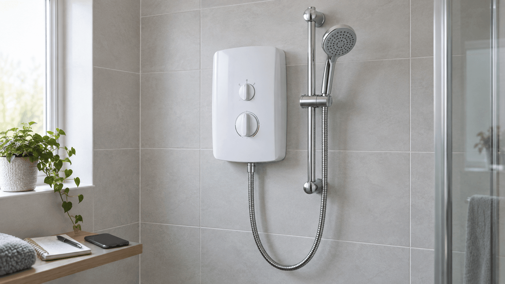 Illustration of a closed electric shower and hose for considering shower repair or replacement.