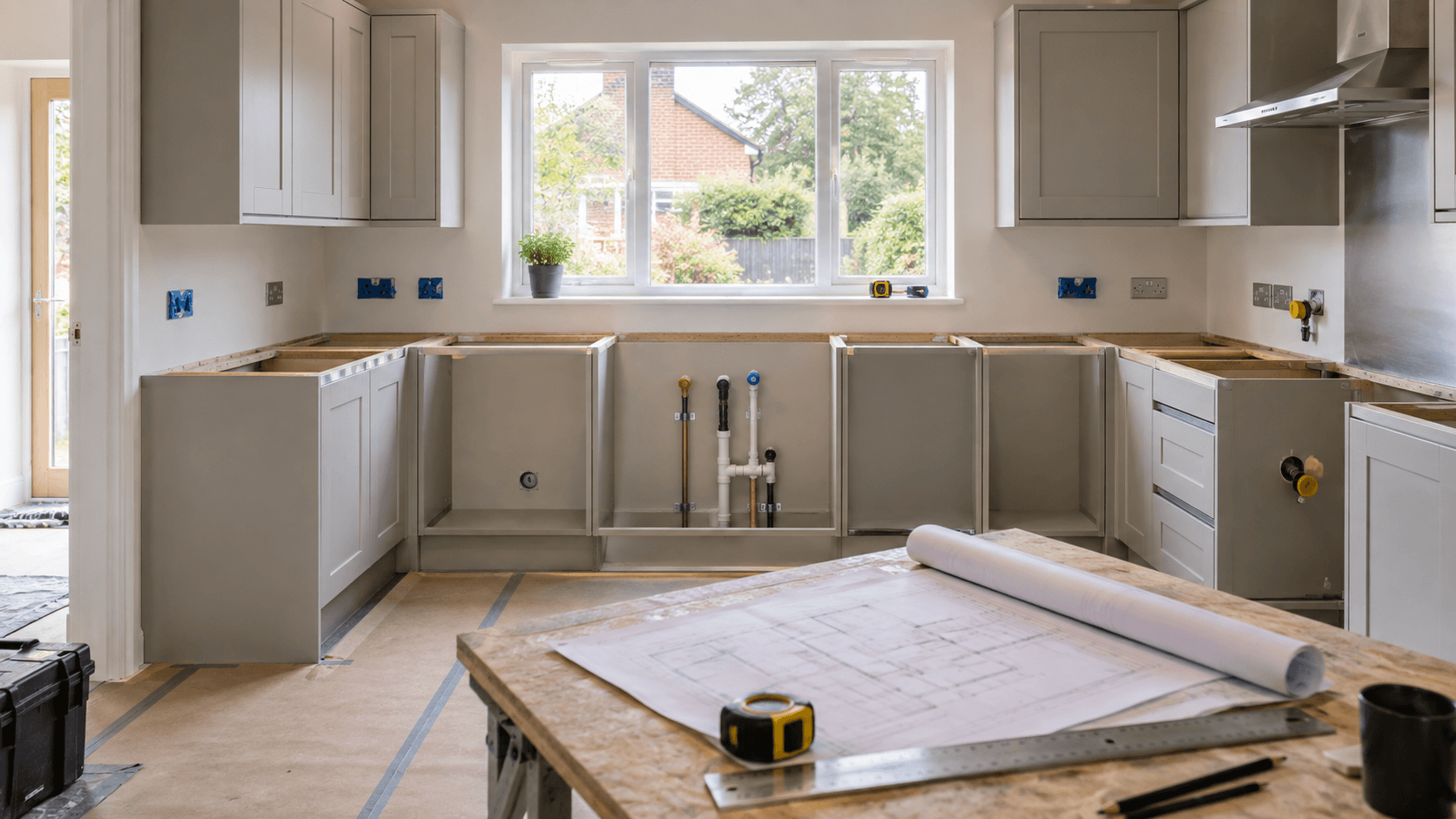 Illustration of a kitchen refit with electrical socket positions, service connections and layout drawings.