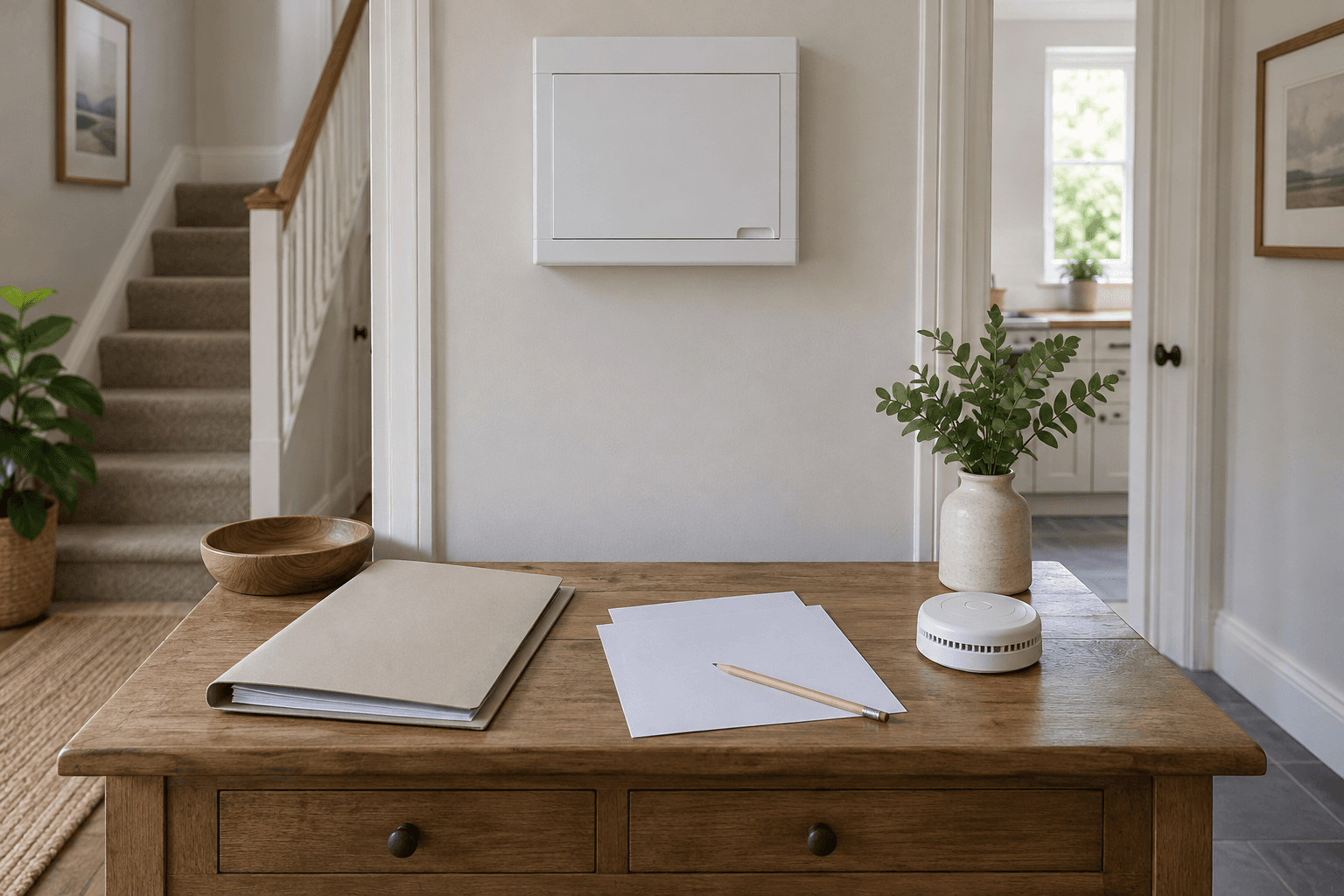 Illustration of landlord electrical checks with a closed consumer-unit cabinet, organised records and a smoke alarm.