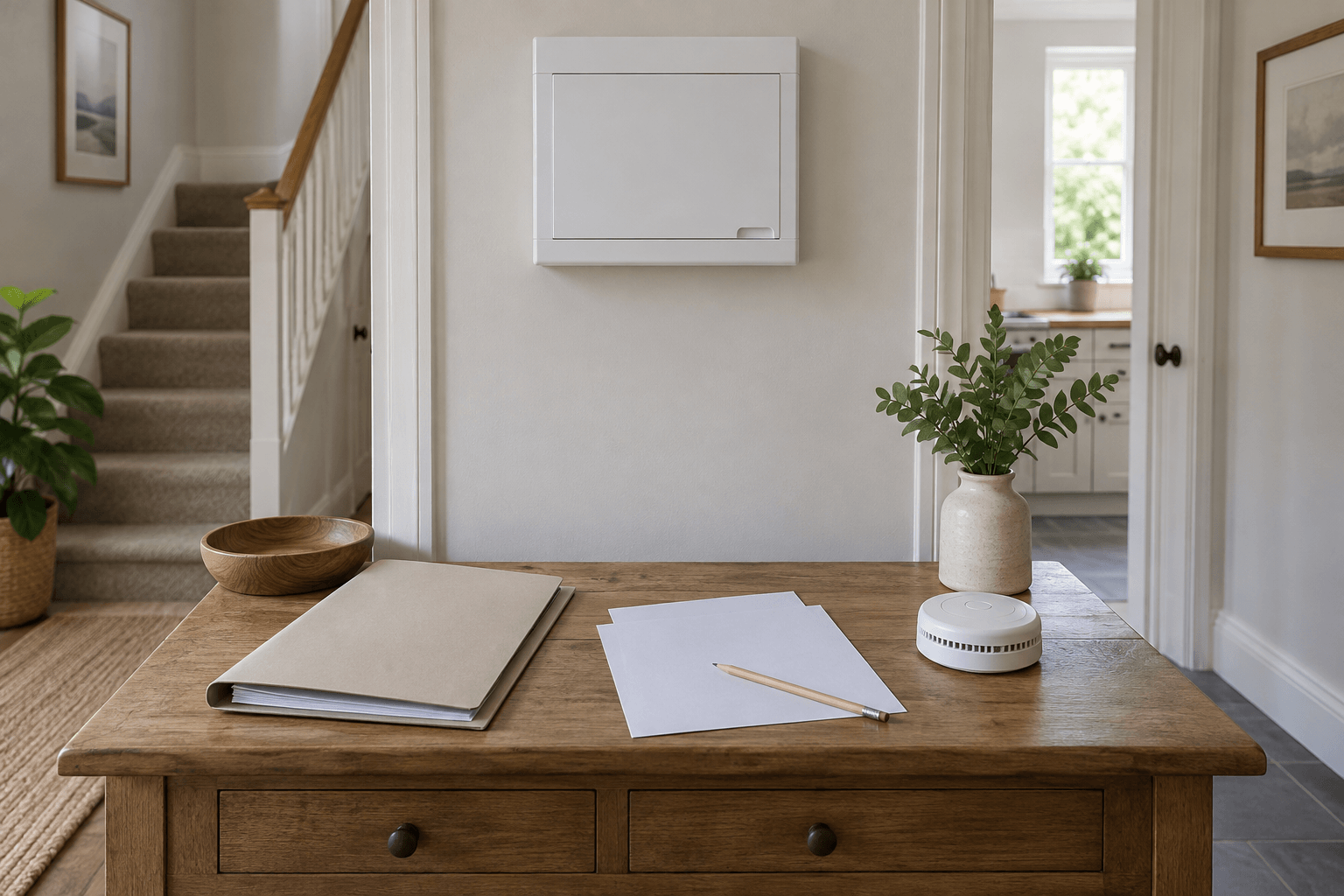 Illustration of landlord electrical checks with a closed consumer-unit cabinet, organised records and a smoke alarm.